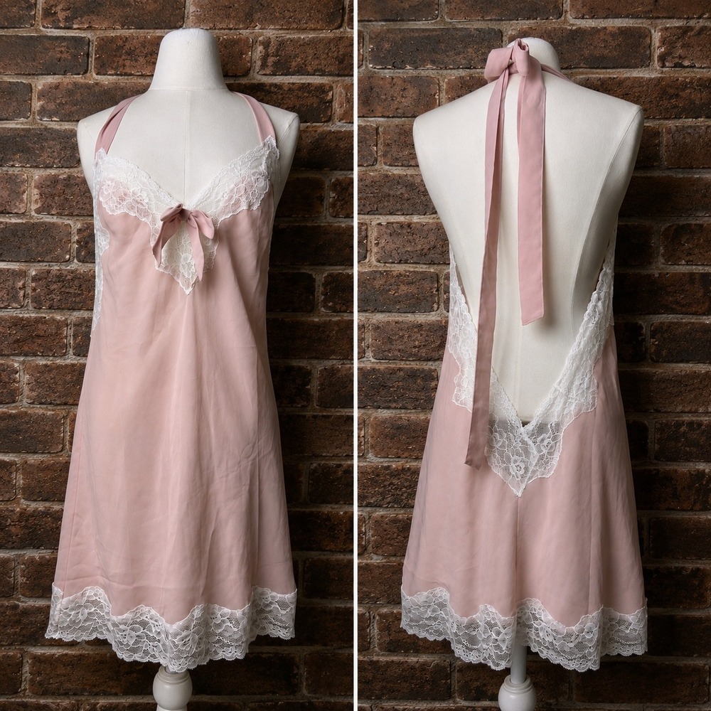 Y2K Pink Lace Halter Babydoll Chemise Open Back Lingerie Dress L Coquette Fairy